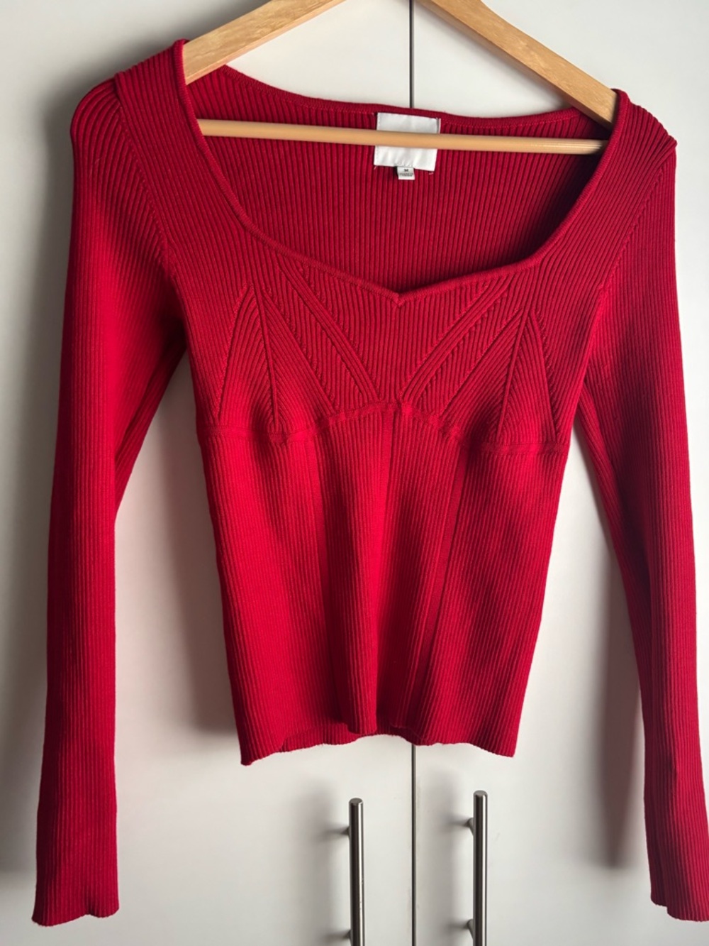 Pink Rose Red Ribbed Long Sleeve Scoop Neck Top